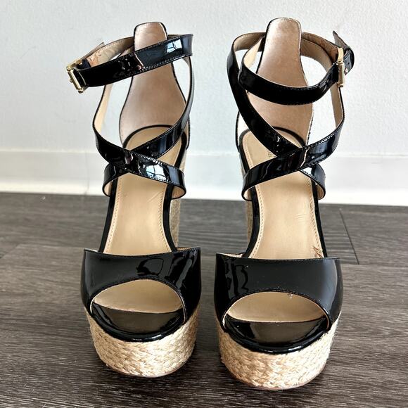 Michael Kors Gabriella Black Patent Leather Espadrille Wedges Platform Sandals - Picture 2 of 16